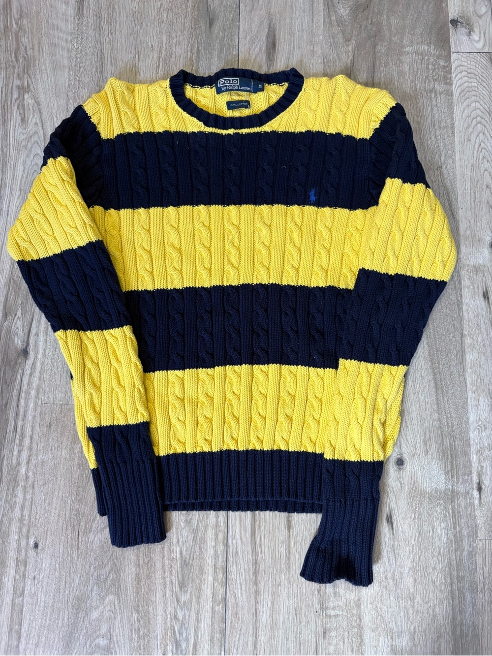 Polo by Ralph Lauren Navy & Yellow Striped Cable Knit Crewneck Sweater